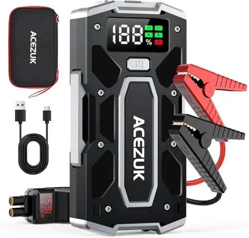 ACEZUK Arrancador de Coches 8000A, Arrancadores de Bateria de Coche Portátil(hasta 8.0L de diésel o 10.0L de Gasolina), 12V Jump Starter, Pinzas Inteligentes con Pantalla, Luz LED, Puerto QC3.0