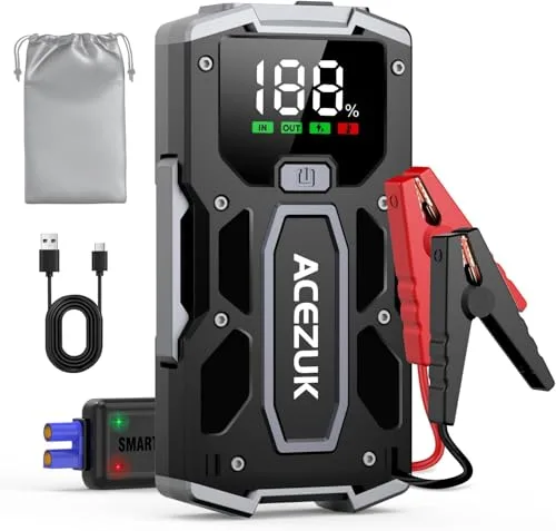 ACEZUK Arrancador de Coches 6000A, 12V Arrancador de Baterias de Coches (para 5.5L Disésel o 7.0L Gas), Jump Starter con 2.5 Inch Pantalla LCD, Clips de Seguridad Inteligentes, Luz LED