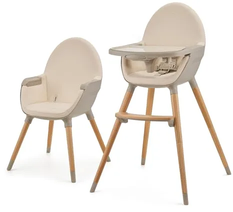 kk Kinderkraft FINI 2 Trona bebé 2 en 1, Silla Infantil, Trona portatil, Patas de Madera, Bandeja Ajustable, Fácil de limpiar, para niños, Beige