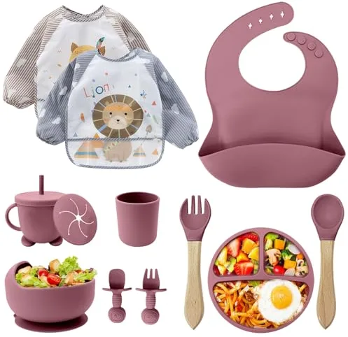 Juegos de Vajilla Bebe,Juego de 12 Piezas Platos Bebe con Ventosa, Cubiertos Bebe,Baby Led Weaning,Cubiertos Infantiles,Cuchara Bebe,Babero Silicona Bebe,Plato de Silicón Antideslizante Sin BPA