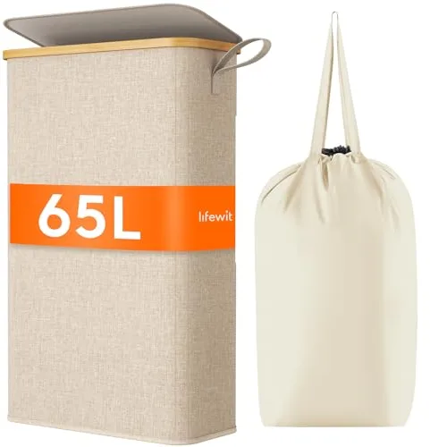 Lifewit Cesto Ropa Sucia Estrecho con Tapa 65L, Cesto de Ropa Plegable con Bolsa Extraíble y Asa, Cesta Ropa Sucia de Bambú, Cubo de Ropa para Dormitorio, Baño, Lavandería, Dormitorio, Beige