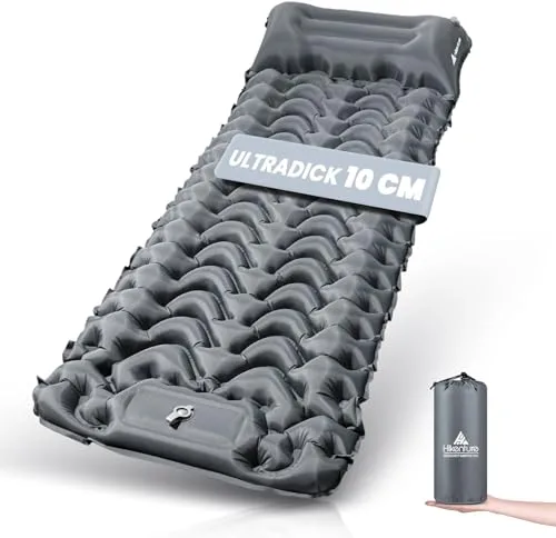 HIKENTURE Colchoneta isotérmica para camping, 10 cm, colchón de aire para camping, tamaño pequeño, colchón hinchable para dormir con bomba de pie para camping, exterior, senderismo, tienda de campaña