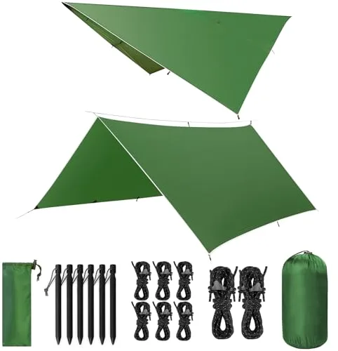 VOSOIR Toldo Camping 3X3M Impermeable, Ultraligero y Portátil Toldo de Refugio, Tienda de Campaña Hamaca, Protección UV, Anti Desgarro, Tarp para Picnic Pesca Camping Senderismo(Verde Claro)