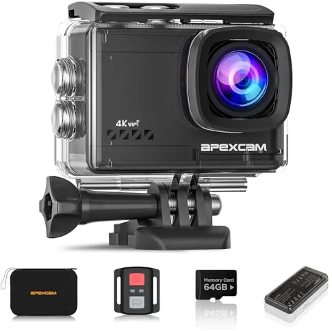 Apexcam Cámara Deportiva 4K con Tarjeta de Memoria de 64GB WiFi Cámara subacuática Impermeable 40M Action Camera 2.0'LCD Gran Angular 2.4G Remoto 2 baterías de 1350mAh y Accesorios Multiples