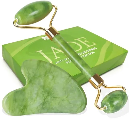 LAC FOR YOU Piedra Gua Sha Facial y Rodillo Jade Autentico - Masajeador Facial Antiarrugas, Relajante y Reafirmante | Skincare Piedra Guasha