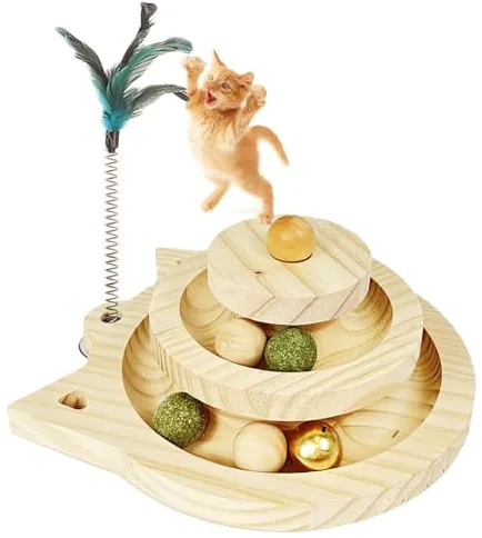 WishesMar Juguetes Interactivos para Gatos Juguetes de Madera para Gatito Torre de 2 Pisos con Pista y 3 Tipos de Pelota con Diferentes Funciones, Palo de Gato Divertido, Base Antideslizante