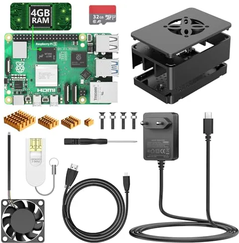 NinkBox Raspberry Pi 5 4 GB con 32 GB Tarjeta, Starter Kit Pi 5 con 4 Aluminio Disipador de Calor, USB-C Alimentación 5,1V/5A, Cables HDMI, Ventilador Accesorios Completos, Lector