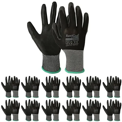 RUVIGRAB – Pack de 12 - Guante de Trabajo de Nitrilo - Guantes Anti-Grasas y aceites - Guantes jardinería - Guantes para Trabajos de Construcción o Agricultura - Guantes Trabajo Hombre y Mujer