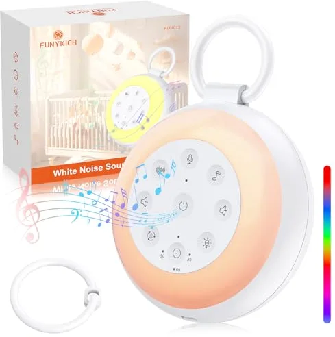 FUNYKICH Máquina de Ruido Blanco Portátil con 24 Sonidos Máquina de Domir para Bebé con Función de Memoria y Grabación Luz nocturna y Luz Coloridos Ajustable Batería Recargable para Bebé Niño o Adulto