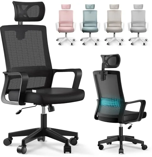 JUPPLIES Silla Escritorio Ergonomica - Silla Oficina Ajustable y Reclinable con Soporte Lumbar, Reposacabezas Ajustable, Malla Transpirable, Ruedas Giratorias 360° Soporta hasta 120kg (Negro)