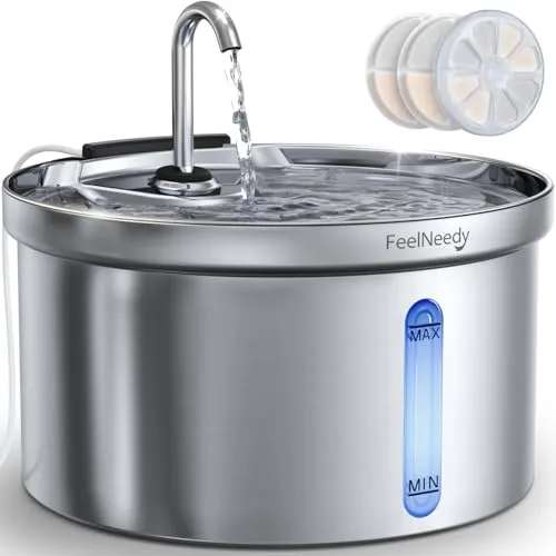 Fuente de Agua para Gatos Acero Inoxidable 304, FEELNEEDY 3,5L Bebedero Gatos Automática diseño de Grifo, Fuente para Mascotas Silenciosa, Multi-Filtración, con 3 Filtros y 1 Cargador USB 5V 1A