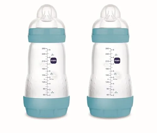 MAM Pack 2 Biberones Anticólicos, 2-4 Meses, 260ml, con con Tetina 2 Flujo Medio de Silicona de Fácil Aceptación, Autoesterilizable y Fácil de Limpiar, MAM Easy Start Anti-Colic, Azul Mate, 2uds