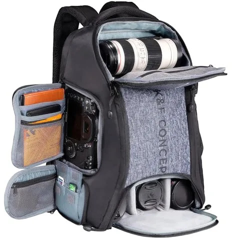 K&F CONCEPT Mochila cámara Bolsa Fotografia impermeable, Bolsa para cámara fotográfica con cubierta para la lluvia Soporte para trípode Compartimento para portátil 15.6