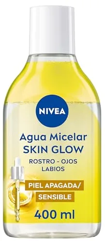 NIVEA Agua Micelar Bifásica Skin Glow - Limpiador Facial - Con 5% Sérum de Vitaminas C y E - Desmaquillador Ojos Rostro y Labios - Energizante - Ilumina - Hidratante - Piel Apagada y Sensible - 400 ml