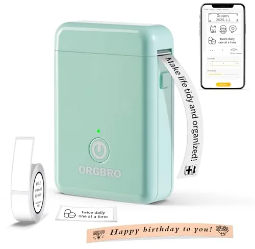 ORGBRO X1 Etiquetadoras, Impresora Térmica de Etiquetas Autoadhesivas Portátil Bluetooth Mini Label Maker Compatible con iOS/Android para Hogar y Oficina - Incluye 1 Rollo de Etiquetas (Verde)
