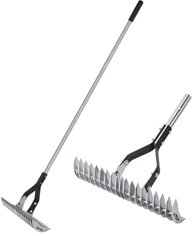 YEELOR Rastrillo de paja – Rastrillo de paja con mango ajustable de 15 pulgadas de ancho, herramienta de cabeza de rastrillo ajustable, rastrillo de malas hierbas para eliminar la hierba muerta