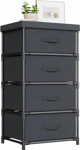 WANGIRL Cómodas y Cajoneras de Tela, Cajoneras Armario con 4 Cajones, Marco de Metal, Cajoneras Dormitorio para Salon, Oficina, Vestidor, Cuarto de Invitados - Negra