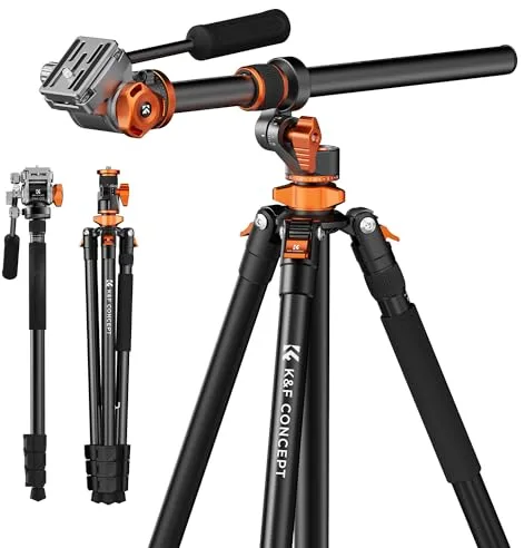 K&F CONCEPT Trípode Cámara 231cm con Cabezal Fluido T254A7+FH-03, Trípode con Columna Central de 90° y Monopie Desmontable para DSLR Videocámaras Cámaras