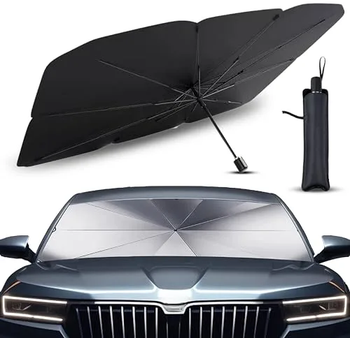 Parasol Coche Delantero Protector Solar SUV y Camión Parasol Paraguas Coche Resiste a los Rayos UV Parasol Plegable con Eje Giratorio 360º y Revestimiento de Titanio (Poliéster, 140 cm x 80 cm)