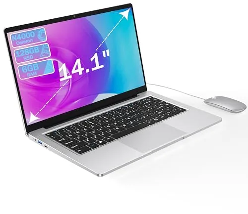 PINSTONE Ordenador portátil de 14,1 Pulgadas, Dual-Core, 6 GB RAM, 128 GB SSD, UHD 1366 x 768, diseño sin Ventilador, Wi-Fi 5G, Teclado de Membrana, ratón Incluido