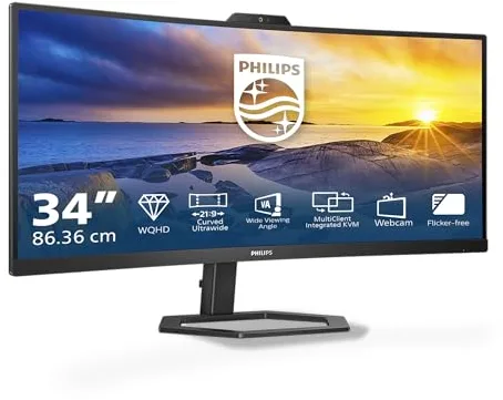 Philips 34E1C5600AM - Monitor Curvo WQHD de 34 Pulgadas, Webcam, Altura Regulable, Altavoz (3440x1440, 100Hz, HDMI, DisplayPort, USB-C, USB Hub) Negro
