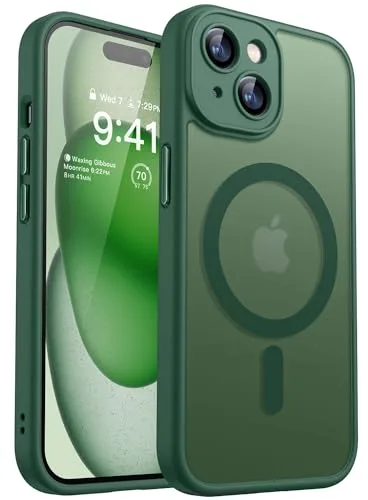 CANSHN Funda Magnética para iPhone 15, Compatible con MagSafe, [Protección Total de La Cámara], Carcasa Fondo Mate Translúcido 6.1 Pulgadas, Verde Oscuro