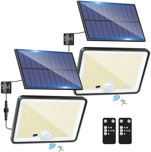 LOTMOS 2 Paquete Luz Solar Exterior Jardin, 342LED/Mando a Distancia Focos Led Solares Sensor De Movimiento, IP65 Impermeable Lampara Solar, 3 Modos Luces Solares Led Exterior Jardin, Garajes