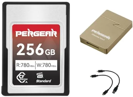 Pergear 256GB CFexpress tipo A de Tarjeta de memoria, Velocidad de Lectura de Hasta 780 MB/s y Velocidad de Escritura de 780 MB/s Para Grabación 4K 120P, 8K 30P, con Lector de Tarjetas(Serie Estándar)