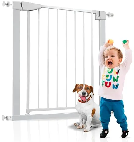 ALMAR Baby Barrera de Seguridad 75-82cm Blanco | Facil Montaje sin Tornillos para Puertas, Pasillos o Escalera para Niños o Mascotas | Valla Blanca con Sitema de Cierre Automático Giro Ambos Lados