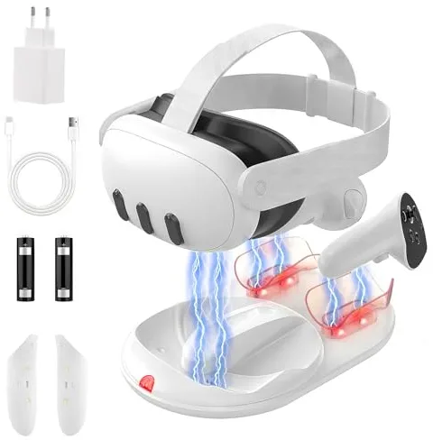GEEKERA Estación de Carga Compatible con Quest3 Headset, Cargador Magnético para Auriculares y Mandos, Accesorios VR, Estación de Carga Rápida con Adaptador de 18 W/2 Baterías Recargables