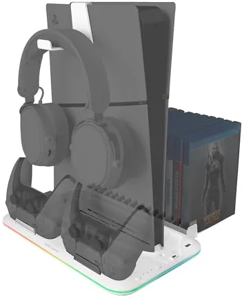 Mars Gaming MPS5-B2, Soporte RGB para PS5, 1x Ventilador, Cargador Doble de Mandos, Iluminación Neón RGB, Organizador Videojuegos + Soporte Auriculares, Blanco