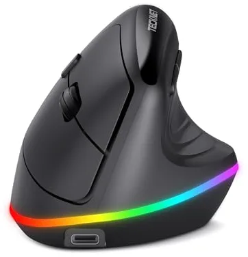 TECKNET Ratón Inalámbrico Ergonómico, Vertical Inalámbrico Recargable, Bluetooth+ 2,4 GHz, Ratón Silencioso, 4800 dpi Ajustables, 6 Botones, RGB, Compatible con PC/Windows/Mac