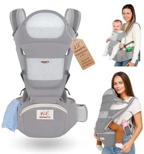 QUIMETS | Mochila Portabebés 6 en 1 Recién Nacido Transpirable y Ergonómica – Suave, Ligera e Ideal para Largos Paseos – Ajuste Cómodo para Mamá y Papá – Incluye Muselina de Regalo