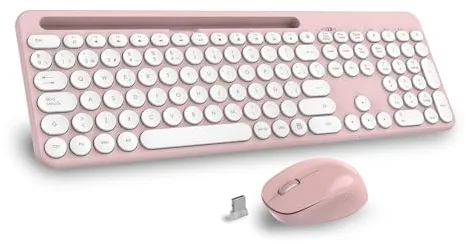 LeadsaiL K933 Teclado y Raton Inalámbrico Español QWERTY, Pack de Teclado Raton Inalambrico Ergonómico, Silencioso con Soporte para Teléfono, Tamaño Completo, para Mac, PC, Ordenador Portátil-Rosa