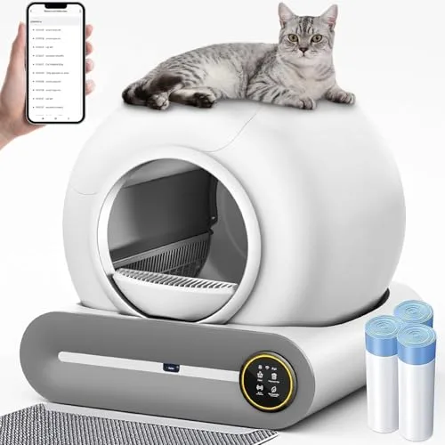 GESEILAY Arenero Gatos Autolimpiable, 65+9L, Caja Arena Gato Automatica con Control de App, Cerrado, 3 Rollos de Bolsas de Basura, Desodorización con Iones Negativos