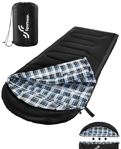 Sportneer Saco de Dormir de Franela, Saco de Dormir de Invierno Con Capucha Desmontable y Funda de Almohada, Ligero Cálido para Adultos, mochileros, campamentos, Caminatas y Viajes