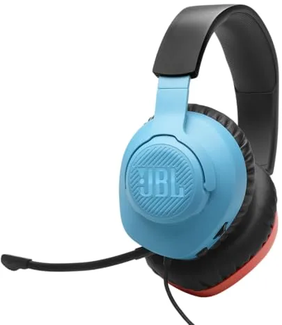 JBL Quantum 100N, auriculares para gaming con cable y micrófono extraíble, JBL QuantumSOUND Signature, compatibles con múltiples plataformas y Windows Sonic Spatial Sound, azul y rojo