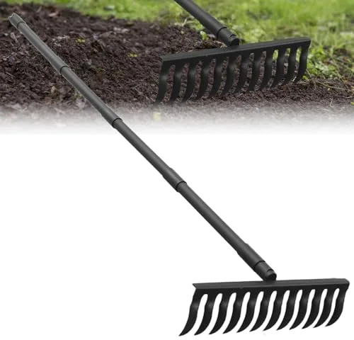 Rastrillo de arco de metal para jardín con mango ajustable de 60 pulgadas de largo, rastrillos de roca de paja de 17 pulgadas de ancho para jardinería, nivelación de césped, aflojar el suelo, recoger