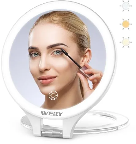 WEILY espejo de maquillaje con iluminación, aumento 10X/1X, doble cara, 3 luces de color, control táctil, portátil recargable para dormitorio y baño