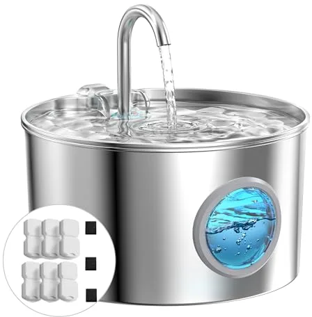 Fuente para Gatos Acero Inoxidable: Bebedero Gatos Automatico - 2.2L Fuente Gato - Fuentes de Agua para Mascota Súper Silencioso - Dispensador Agua Perros - con 6 Filtros + 3 Esponjas