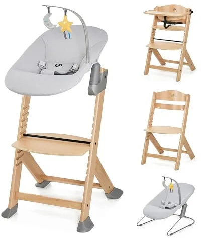 Kinderkraft ENOCK Trona bebé de Madera + Hamaca Bebé CALMEE, portatil, para niños, Silla alta Infantil, Evolutiva, Ergonómica, Barrera y Bandeja, Gris