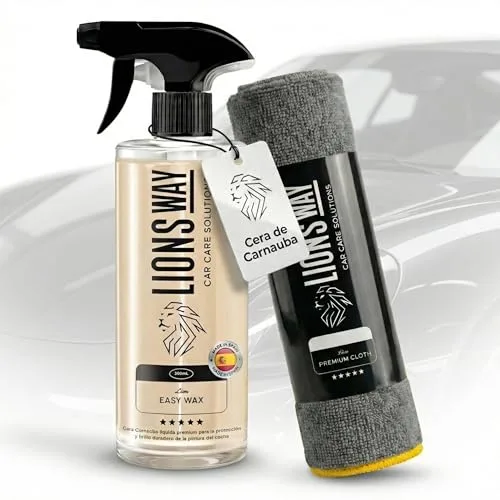 LionsWay: Cera de Carnauba para Coche 100% Pura. Tratamiento Cerámico e Hidrofóbico (Coche y Moto). Sin Silicona. Cera Líquida Alto Brillo. Sellador de Pintura Exterior Máx. Duración. (500ml + Bayeta)