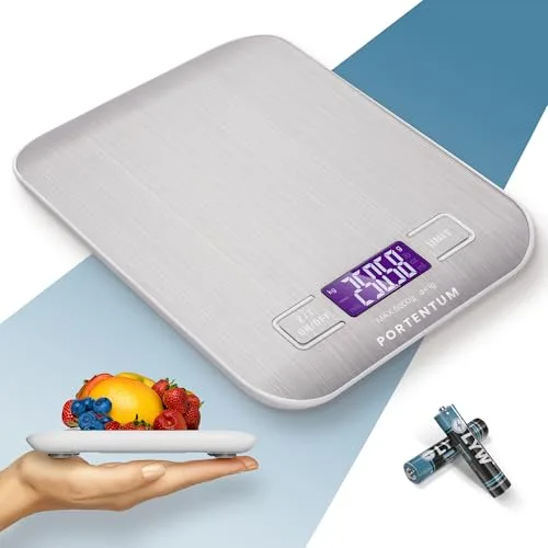 PORTENTUM Peso de Cocina con Pantalla LCD, Acero Inoxidable, Balanza cocina precisa de 1 gramo a 5 kg/11 lbs, Plata