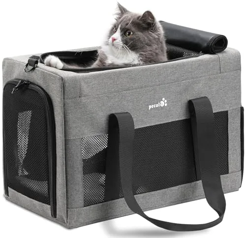 Pecute Transportin Gato Aviones permitidos, Estructura de Alambre de Acero Engrosado de 5 mm, Transportin Perro Pequeño con Parasol, Adecuada para Gatos y Cachorros de hasta 5 kg/11 Libras（Gris）