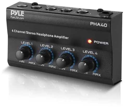 Pyle Mini Amplificador Estereo, Portatil, 4 Canales, Profesional, Conector de Salida de Auriculares, TRS balanceado de 4 ¼