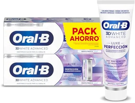 Oral-B 3D White Advanced Luxe Perfection Pasta De Dientes Blanqueadora, Pack 2x75 ml, Blanqueamiento Avanzado, Dentífrico Con Flúor, Sabor a Hierbabuena Fresca