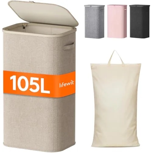 Lifewit Cesto Ropa Sucia, Cesta Ropa Plegable con Bolsa Extraíble y Asa, Cubo Ropa Sucia con Tapa, Laundry Basket para Dormitorio, Baño, Lavandería, Dormitorio, 105 L, Beige