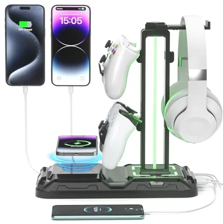 KDD LED Soporte Auriculares Gaming con Carga Inalámbrica, Soporte Mando PS5 & Soporte Cascos Universal con 2 Puertos USB & Tipo C & 9 Modos Luz para Escritorio Xbox Nintendo Accesorios Gaming, Negro