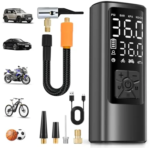 HOVVIDA Compresor de Aire Portatil, Inflador Ruedas Coche 150 PSI (10,3 Bar) 5V, Compresor Aire Coche Bicicleta, Batería Recargable, con LED, para Coche, Moto, Bicicleta, Pelota