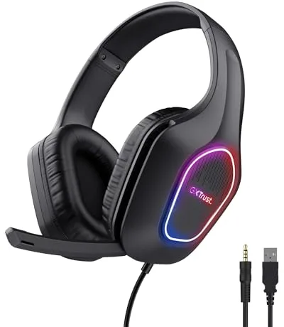 GXTrust 419 Rayne Cascos Gaming Ligeros para PC/Consola, Iluminación LED Alimentada por USB, Drivers de 50 mm, Conexión 3.5 mm, Micrófono Plegable, Auriculares con Cable Over-Ear, Negro
